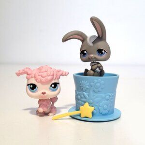 Littlest Pet Shop LPS Pet Pairs #48 Pink Poodle and #14 Rabbit with Magician Hat